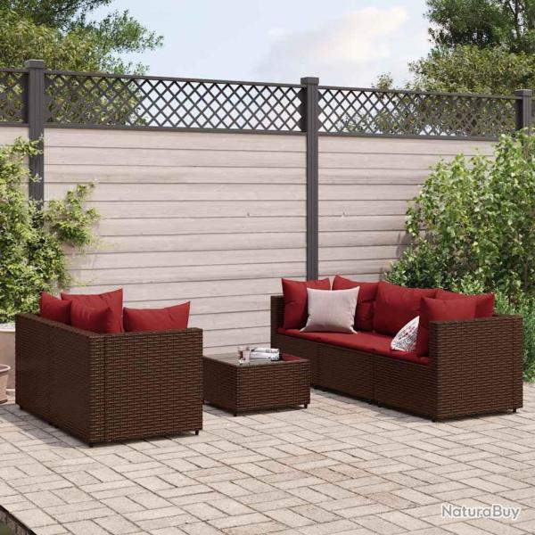Salon de jardin 6 pcs avec coussins Marron Rsine tresse