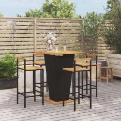 Ensemble de bar jardin 5 pcs noir poly rotin/bois massif acacia