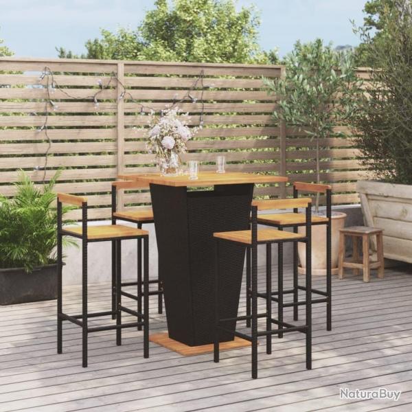 Ensemble de bar jardin 5 pcs noir poly rotin/bois massif acacia