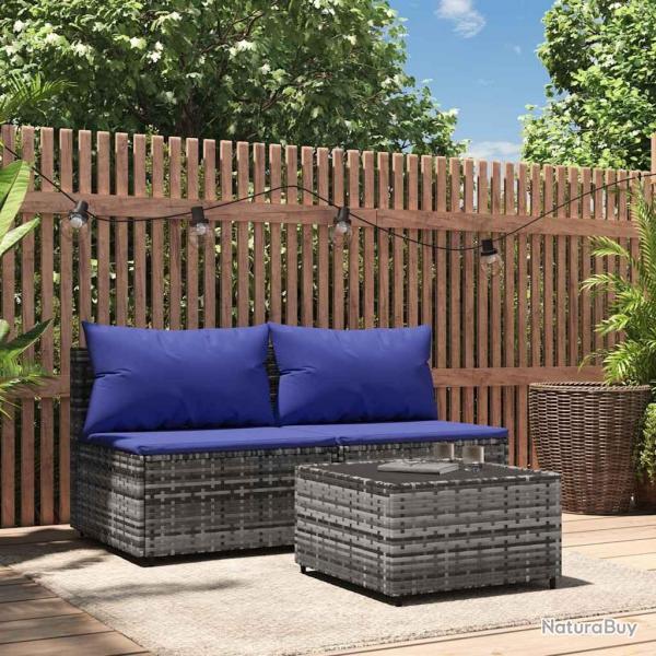 Salon de jardin 3 pcs avec coussins Gris Rsine tresse