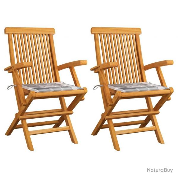 Chaises de jardin lot de 2 avec coussins  carreaux gris Teck