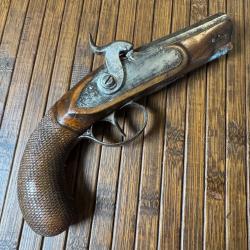 PETIT PISTOLET PERCUSSION DE TYPE OFFICIER PLATINE GRAVÉ D'UNE TOILE D'ARAIGNÉE SYMBOLE ÉTAT MAJOR