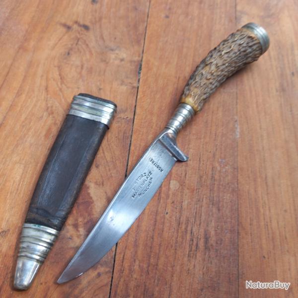 Couteau de Chasse NICKER A.STORZ MNCHEN MARIENPLATZ Manche en Bois de Cerf avec Fourreau en cuir