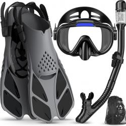 Équipement de Plongée Tuba 4-en-1 Adulte Masque Anti-Buée Tuba Sec Palmes Réglables Étanche Noir