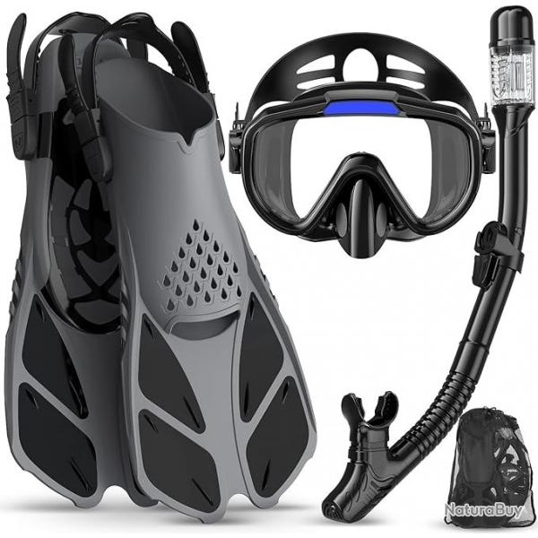 quipement de Plonge Tuba 4-en-1 Adulte Masque Anti-Bue Tuba Sec Palmes Rglables tanche Noir
