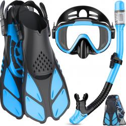 Équipement de Plongée Tuba 4-en-1 Adulte Masque Anti-Buée Tuba Sec Palmes Réglables Étanche Bleu