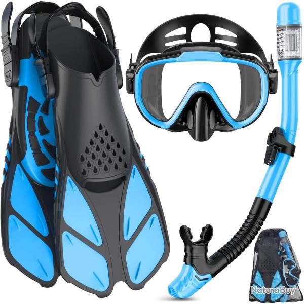 quipement de Plonge Tuba 4-en-1 Adulte Masque Anti-Bue Tuba Sec Palmes Rglables tanche Bleu