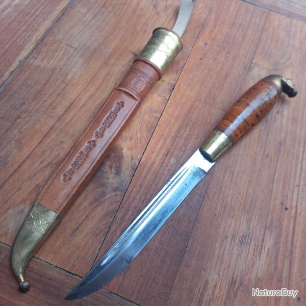 Grand Couteau PUUKKO de KAUHAVA FINLAND Tete de Cheval Manche en Bois avec Fourreau en cuir