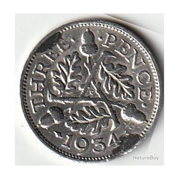 Pice de Monnaie Angleterre Three Pence - George V 2e effigie 1934 Argent