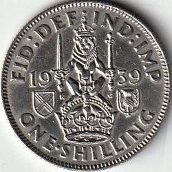Pièce de Monnaie Royaume Uni 1 shilling George VI cimier de l'Écosse, avec "IND:IMP", 1939 Argent