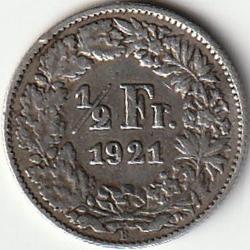 Pièce de Monnaie Suisse ½ franc Helvetia debout argent 1921