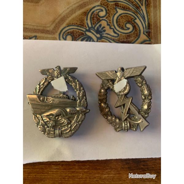Lot de 2 insignes, 1 transmission allemand et 1  vedette torpilleur reproductions
