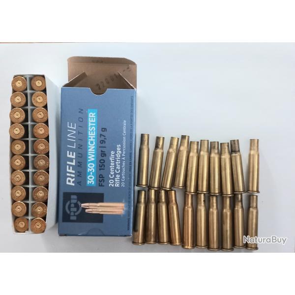 Lot de 40 tuis, en calibre 30-30 Winchester, 20 Hornady et 20 PPU