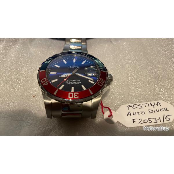 Festina Diver Montre Automatique F20531-5 Bleu/Rouge Bracelet Acier Inoxydable 44 mm