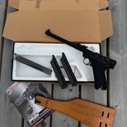 Réplique Airsoft Gaz WE Luger P08 Artillerie 6mm BB + 2 chargeurs GBB Gaz Blowback Full Metal
