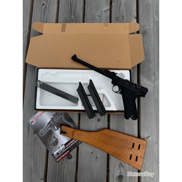 Rplique Airsoft Gaz WE Luger P08 Artillerie 6mm BB + 2 chargeurs GBB Gaz Blowback Full Metal
