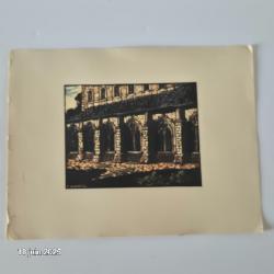 Gravure sur bois dessinée par Ferdinand Dubreuil.  1950, abbaye de Bourgueil, d'Indre et Loire