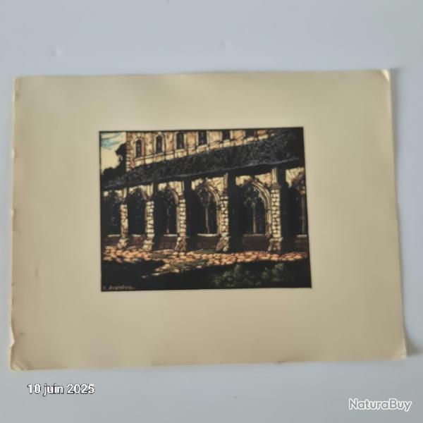 Gravure sur bois dessine par Ferdinand Dubreuil.  1950, abbaye de Bourgueil, d'Indre et Loire