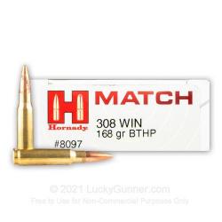 CARTOUCHES HORNADY BTHP MATCH - CAL: 308 WINCHESTER - 168GRS - BOITE DE 20 UNITÉS