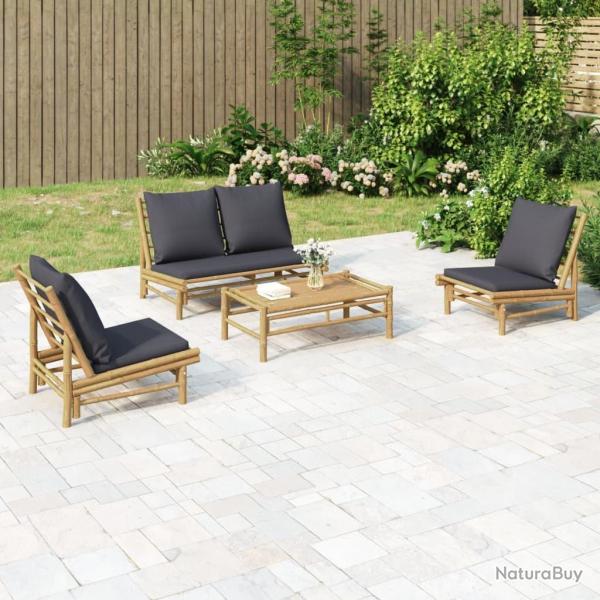 Salon de jardin 4 pcs avec coussins gris fonc bambou