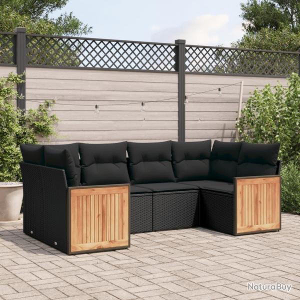 Salon de jardin 6 pcs avec coussins noir rsine tresse