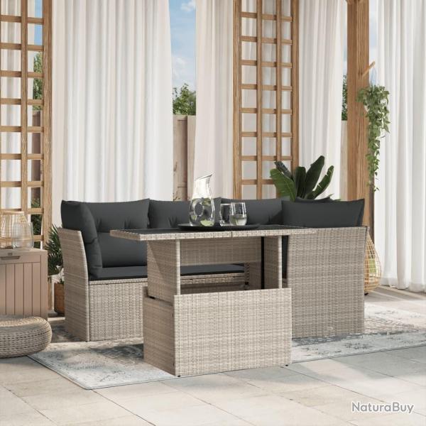 Salon de jardin 5 pcs avec coussins gris clair rsine tresse