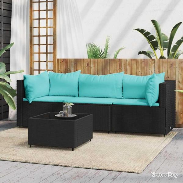 Salon de jardin 4 pcs avec coussins Noir Rsine tresse
