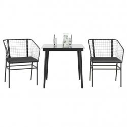 Ensemble à manger de jardin et coussins 3 pcs noir rotin verre