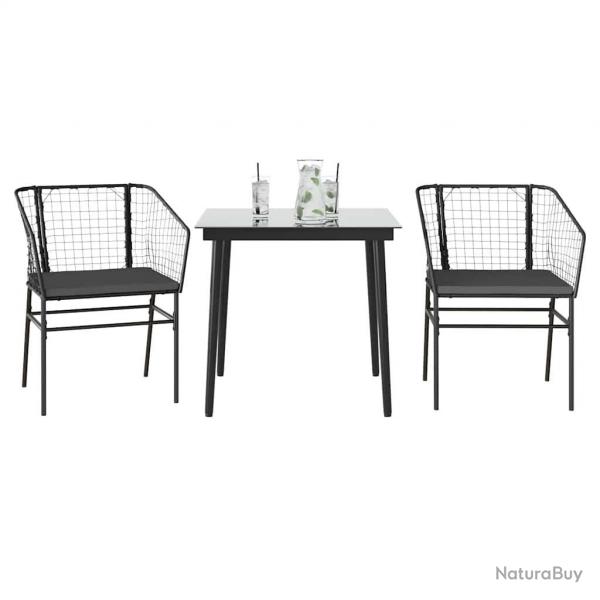 Ensemble  manger de jardin et coussins 3 pcs noir rotin verre