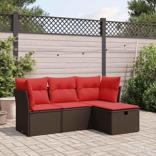 Salon de jardin 4 pcs avec coussins marron rsine tresse