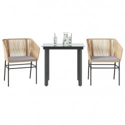 Ensemble à manger jardin coussins 3pcs marron poly rotin verre