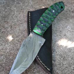 Skinner Couteau de Chasse Damas Lame 256 Couches Manche Bois Green/Black 3D Fabr Artisanat Etui Cuir