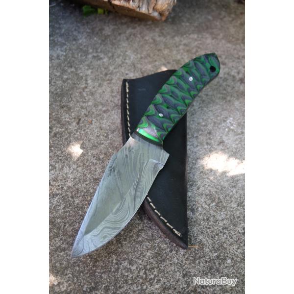 Skinner Couteau de Chasse Damas Lame 256 Couches Manche Bois Green/Black 3D Fabr Artisanat Etui Cuir