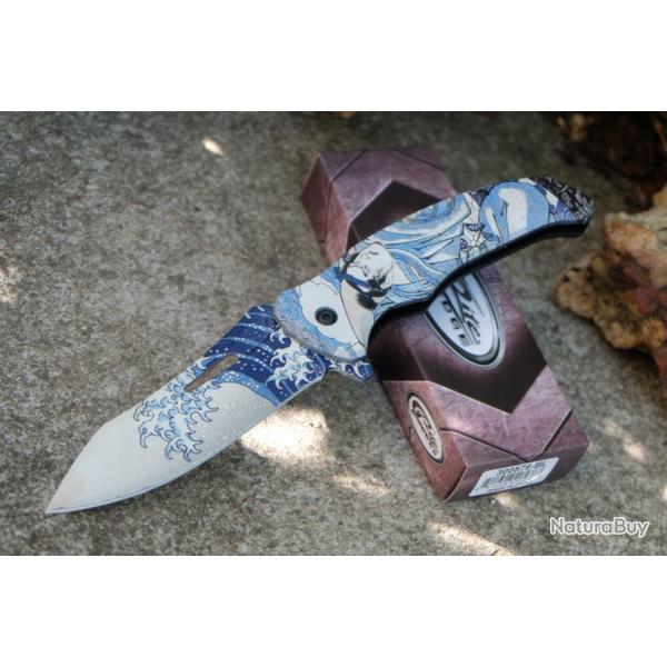 Couteau Tatouage Yakusa Semi Automatique Lame Dcor Vague Acier Inox Manche ABS Linerlock Clip