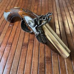 SUPERBE ET RARE LUXUEUX PISTOLET MARINE A SILEX JUXTAPOSÉS CANON EN BRONZE PIECE DE POUCE EN IVOIRE