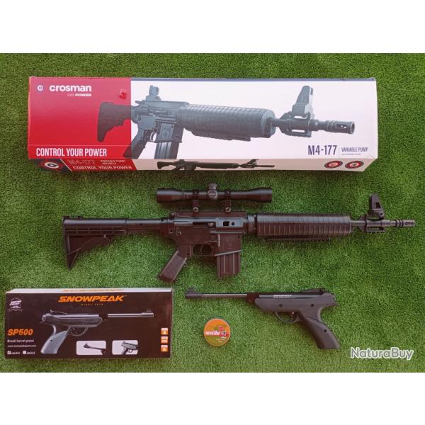 PACK-2 Carabine PCP  pompe M4-177 Bbs et Plomb Cal. 4,5 mm  + Pistolet SP500  Cal. 4,5 mm