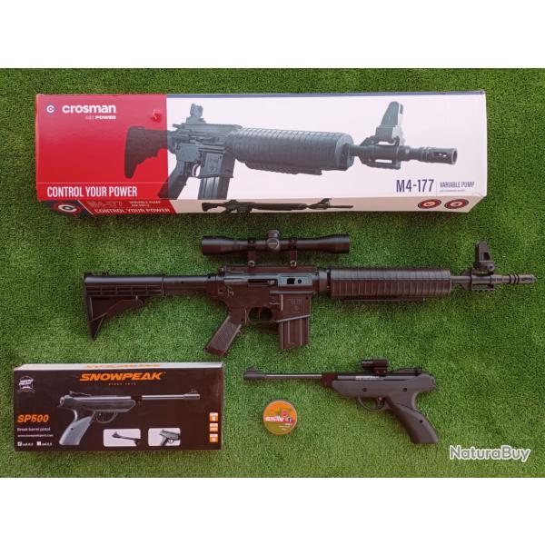 PACK-4 Carabine PCP  pompe M4-177 Bbs et Plomb Cal. 4,5 mm  + Pistolet-Laser SP500  Cal. 4,5 mm