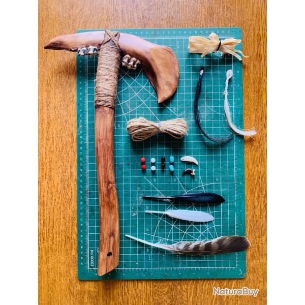 kit complet, tomahawk amrindien d'artisan / mchoire de cerf /  finir de raliser