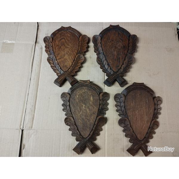 4 ECUSSONS BOIS FEUILLES DE CHNE POUR TROPHEES CHASSE CHEVREUIL CHAMOIS ISARD