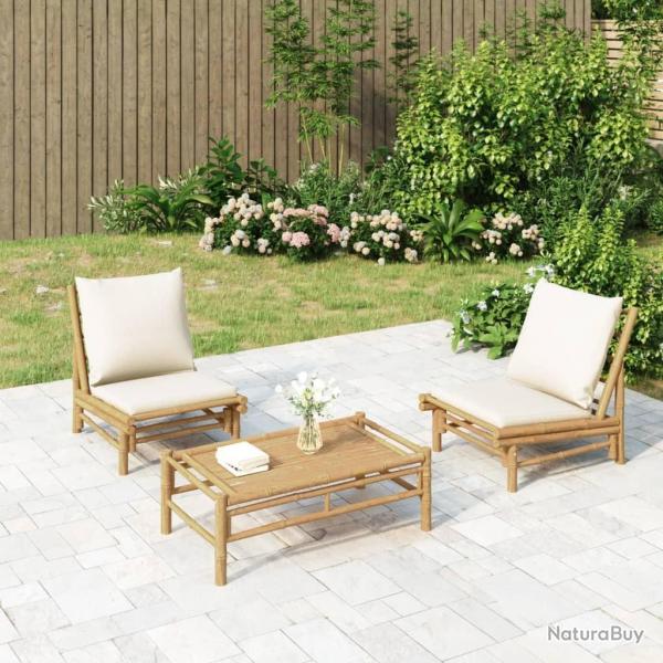 Salon de jardin 3 pcs avec coussins blanc crme bambou