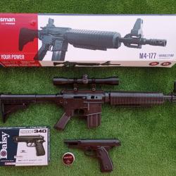 PACK-10 Carabine PCP à pompe M4-177 Bbs et Plomb Cal. 4,5 mm + Pistolet Daisy 340 Ressort 4,5 mm