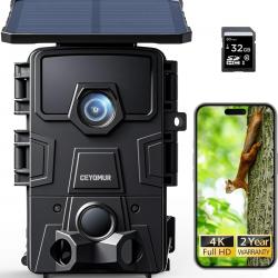 Caméra de Chasse Solaire 4K 60MP WiFi 6 Carte SD 32Go Vision Nocturne IP66 Étanche Noir
