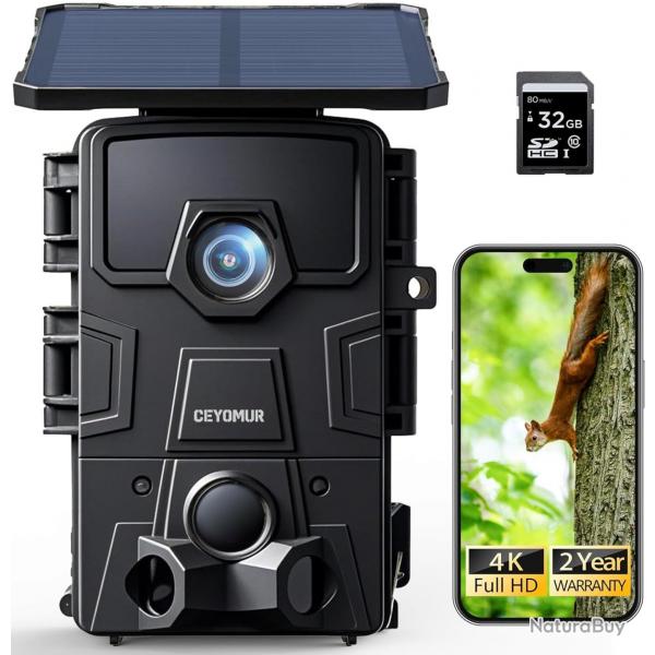 Camra de Chasse Solaire 4K 60MP WiFi 6 Carte SD 32Go Vision Nocturne IP66 tanche Noir