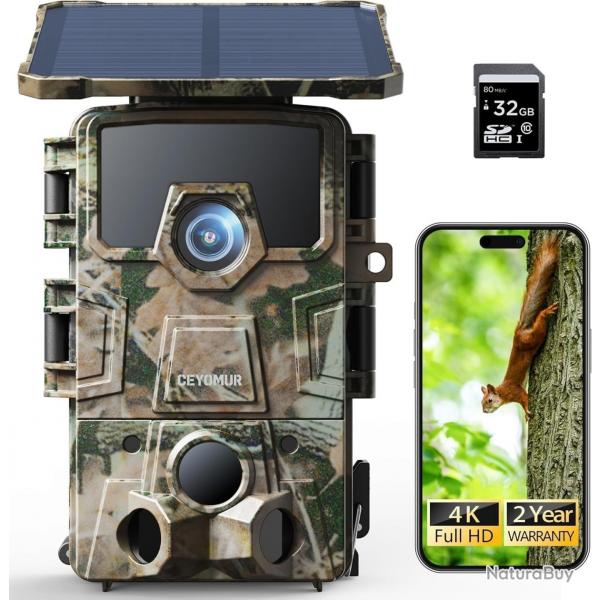 Camra de Chasse Solaire 4K 60MP WiFi 6 Carte SD 32Go Vision Nocturne IP66 tanche Camouflage