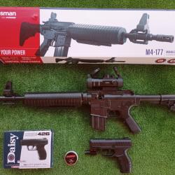 PACK-13 Carabine PCP à pompe M4-177 Bbs et Plomb 4,5 mm  + Pistolet-Laser Daisy 426 4,5 mm + Red Dot