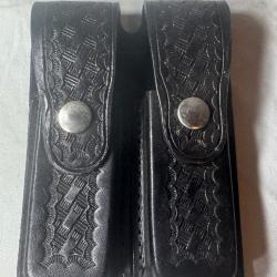 Porte-chargeurs double en cuir noir neuf - motif tressé, police/sécurité