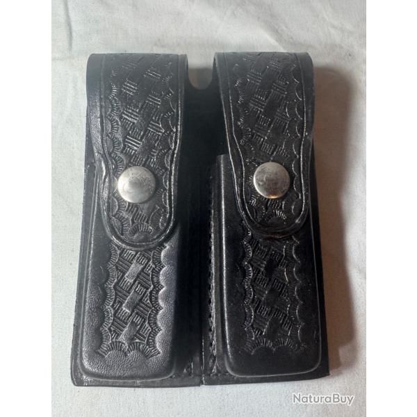 Porte-chargeurs double en cuir noir neuf - motif tress, police/scurit