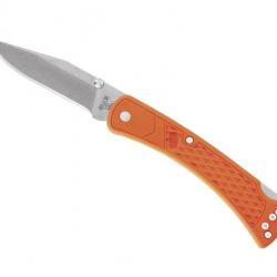 Couteau Buck Knives 110 HUNTER SLIM SELECT lame en acier 420 à cran et à bouton double orange