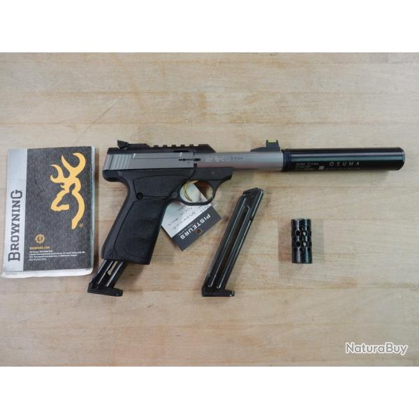 PISTOLET BROWNING BUCKMARK INOX CAL 22 LR 2 CHARGEURS + SILENCIEUX OCCASION BON ETAT