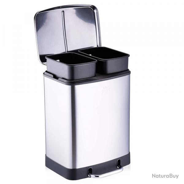 Poubelle  pdale 2 bacs acier inox bross argent 2x12L